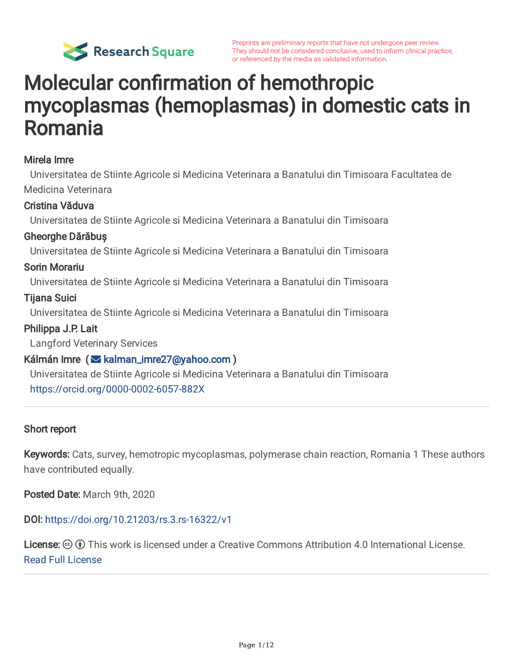 Molecular Confirmation of Hemothropic Mycoplasmas (Hemoplasmas) In