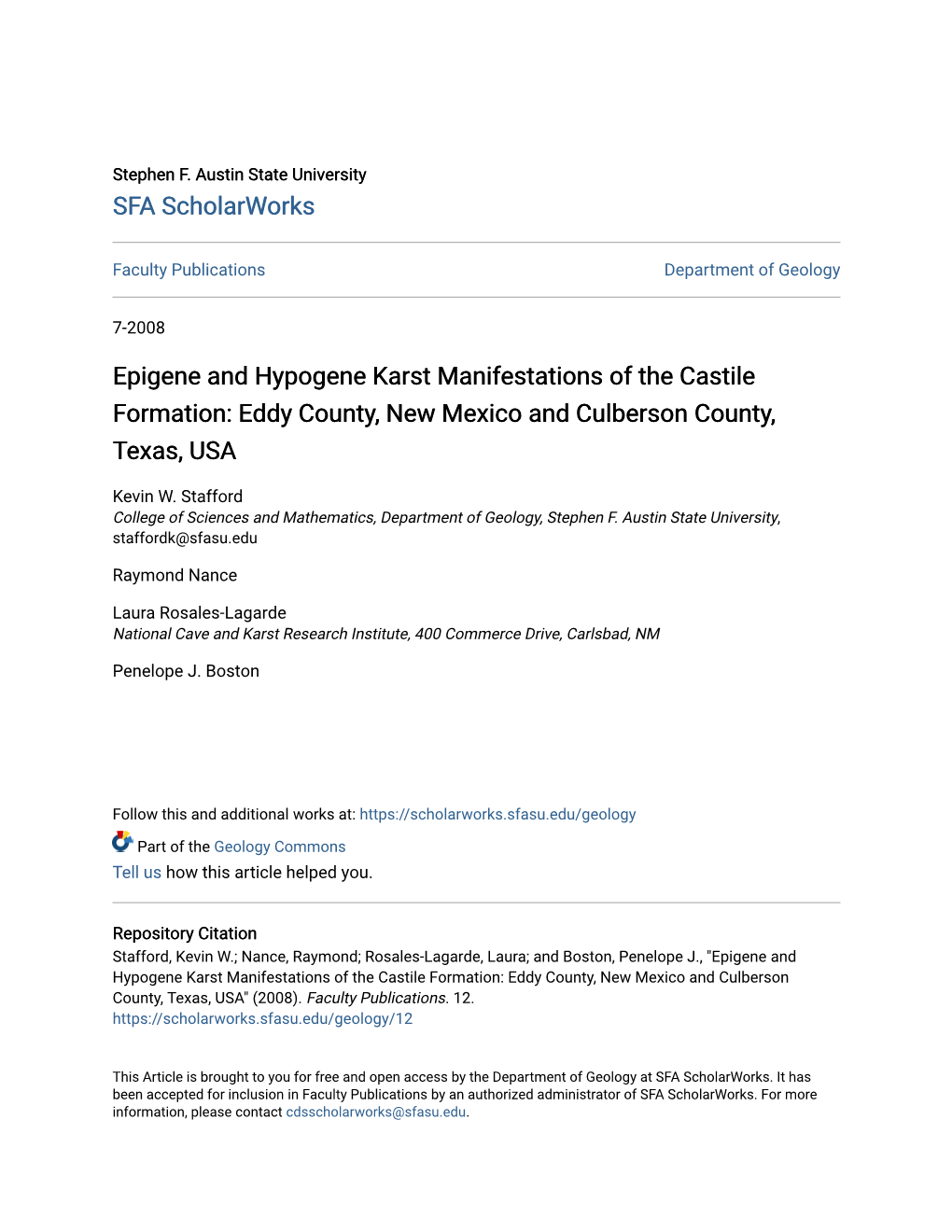 Epigene and Hypogene Karst Manifestations of the Castile Formation: Eddy County, New Mexico and Culberson County, Texas, USA