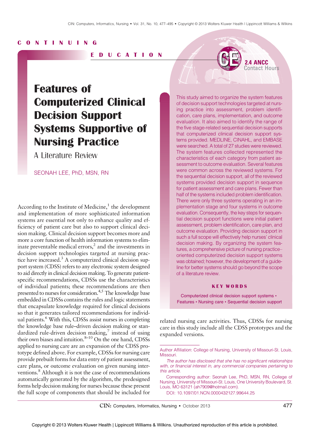 Features of Computerized Clinical Decision Support Systems