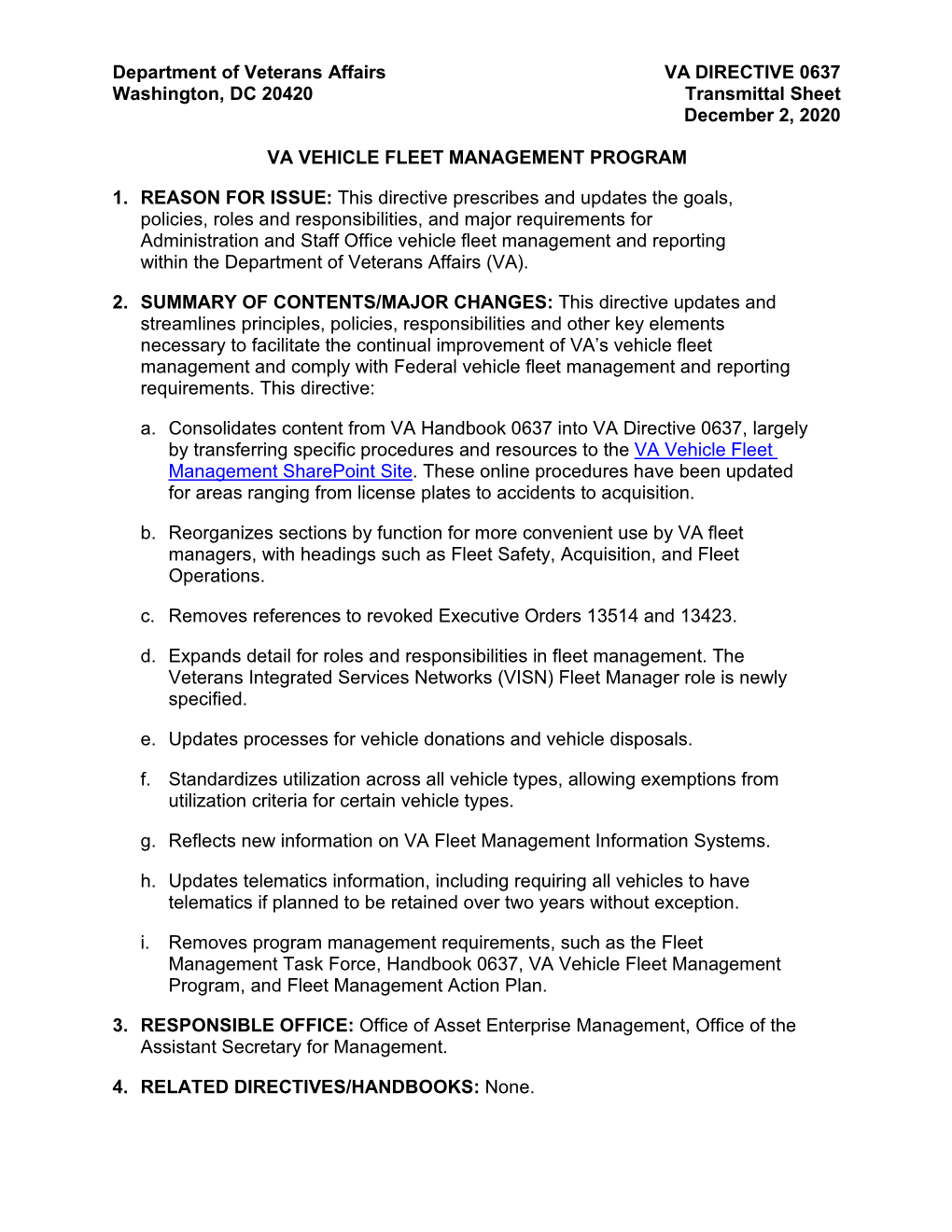 Department of Veterans Affairs VA DIRECTIVE 0637 Washington, DC 20420 Transmittal Sheet December 2, 2020