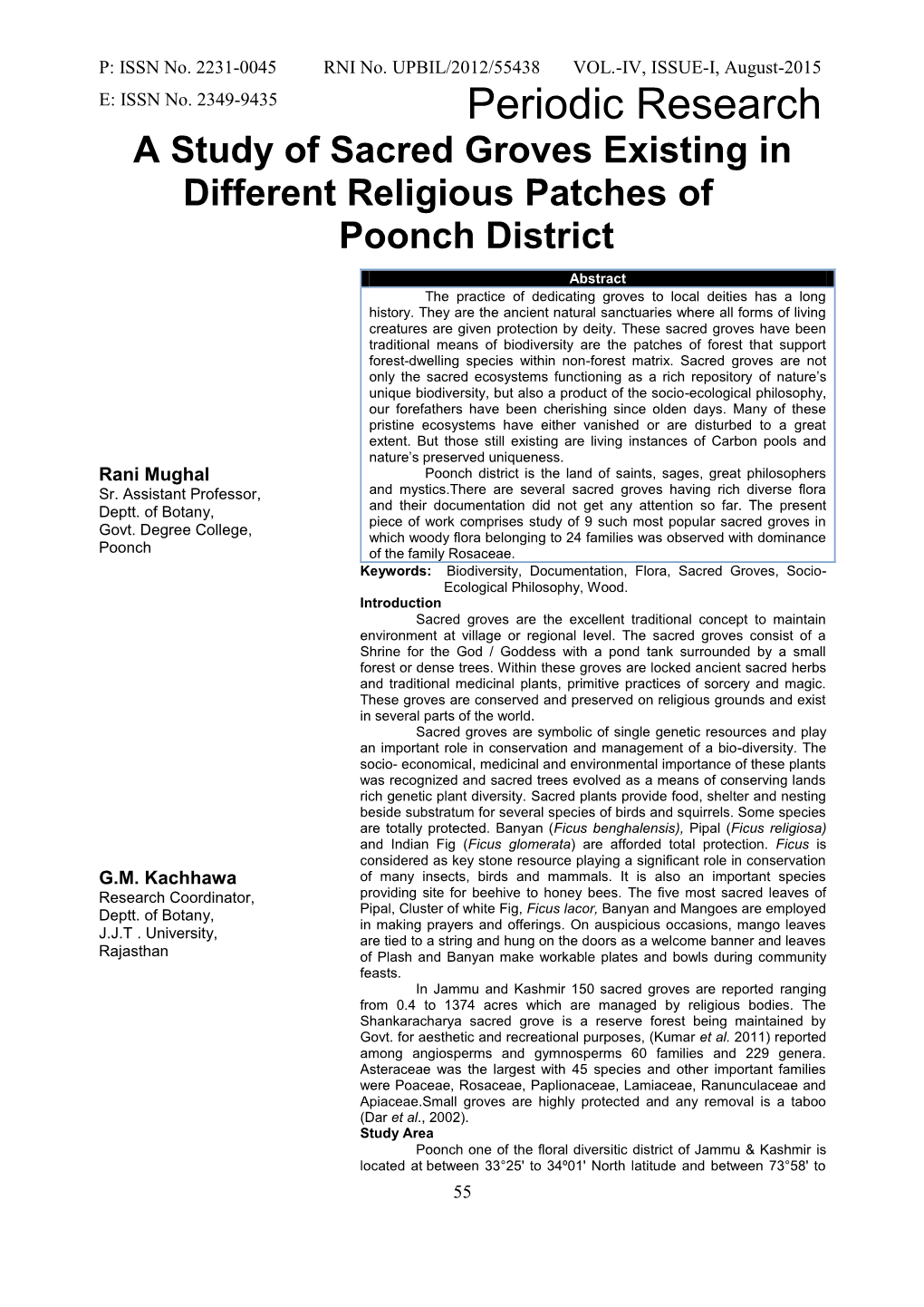 A Study of Sacred Groves Existing in Different Religious Patches of Poonch District