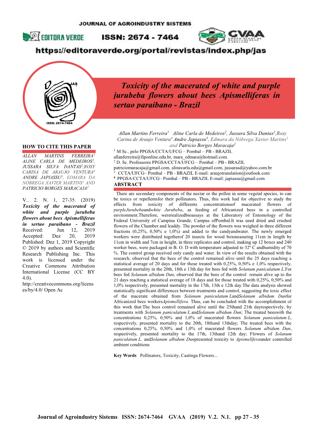 Toxicity of the Macerated of White and Purple Jurubeba Flowers About Bees Apismelliferas in Sertao Paraibano - Brazil