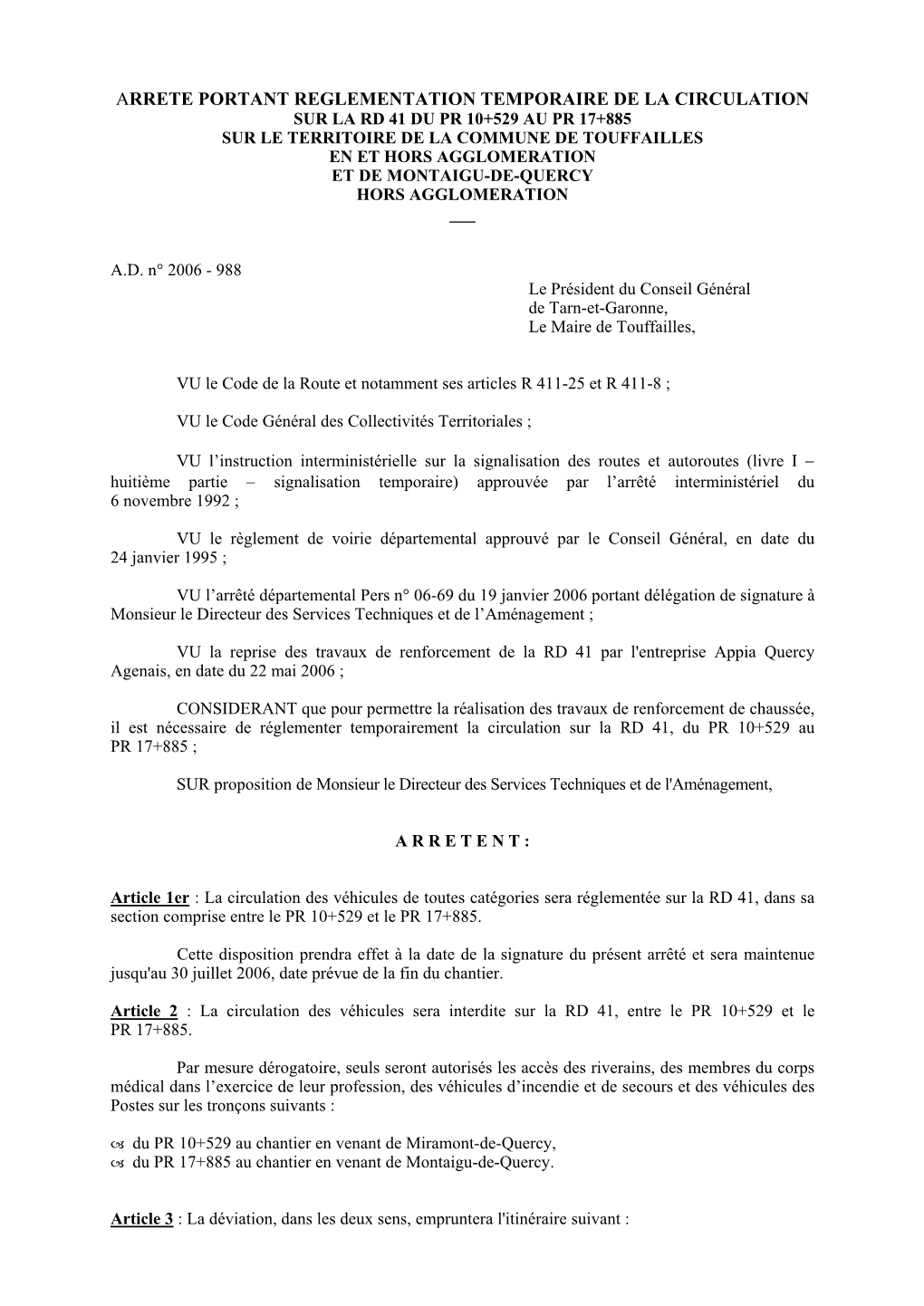 Arrete Portant Reglementation Temporaire