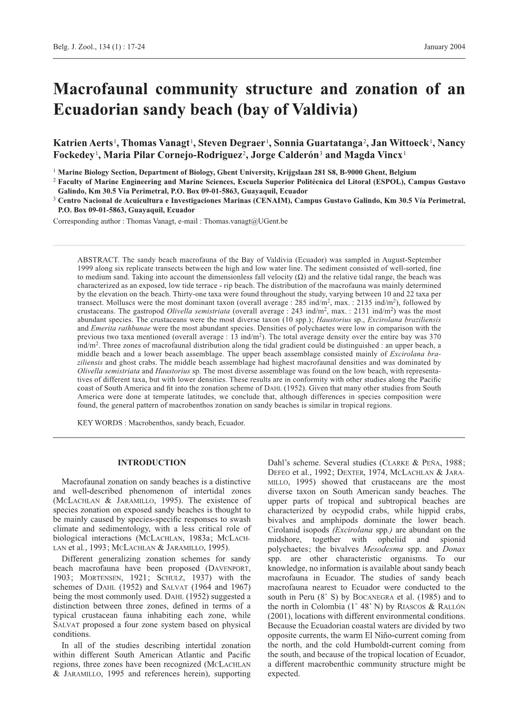 Macrofaunal Community Structure and Zonation of an Ecuadorian Sandy Beach (Bay of Valdivia)