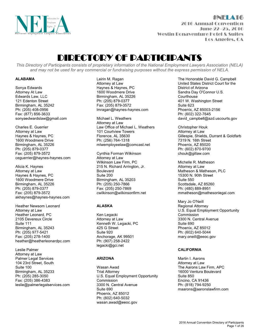 NELA16: Directory of Participants