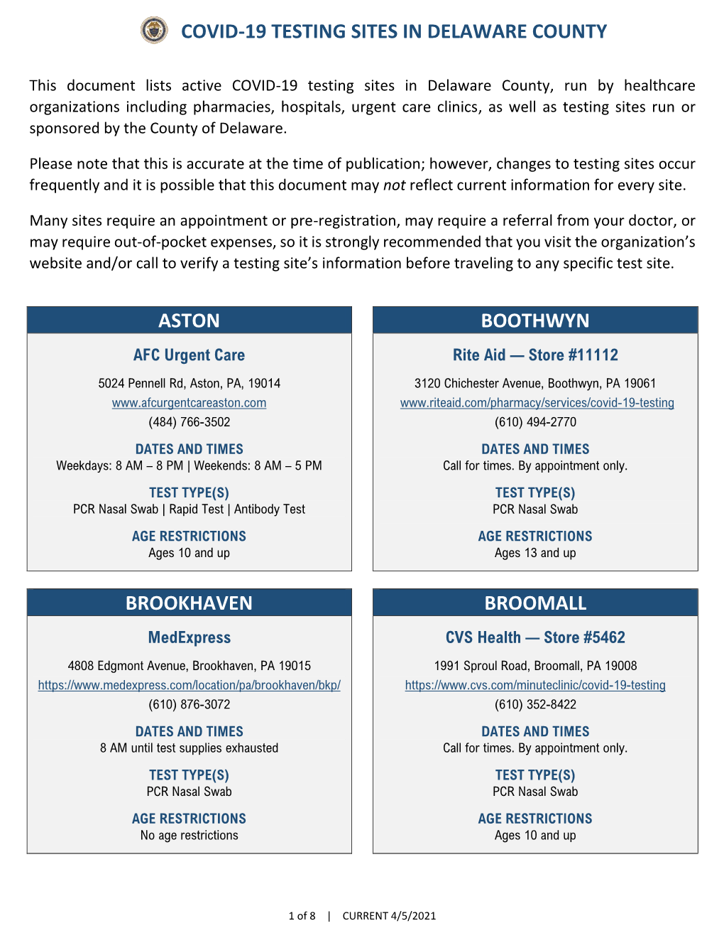 Covid-19 Testing Sites in Delaware County