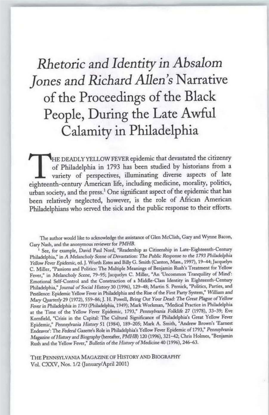 Rhetoric and Identity in Absalom Jones and Richard Allen's Narrative