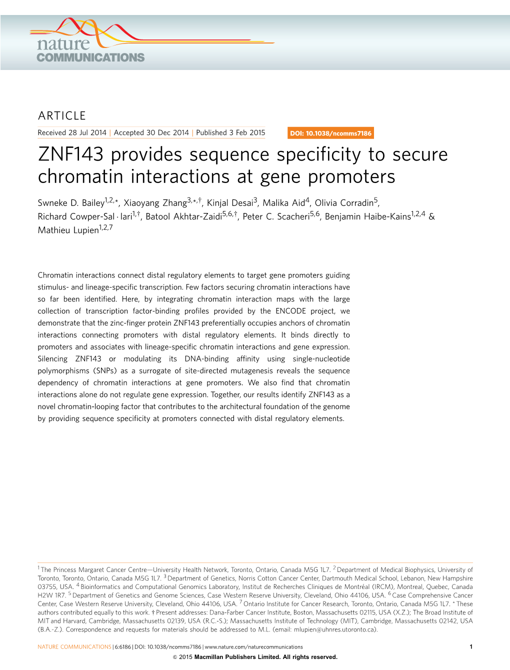 ZNF143 Provides Sequence Specificity to Secure Chromatin Interactions At