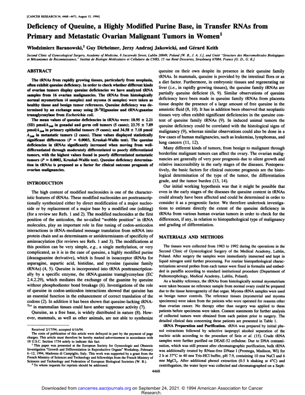 Deficiency of Queuine, a Highly Modified Furine Base, in Transfer Rnas from Primary and Metastatic Ovarian Malignant Tumors in Women1