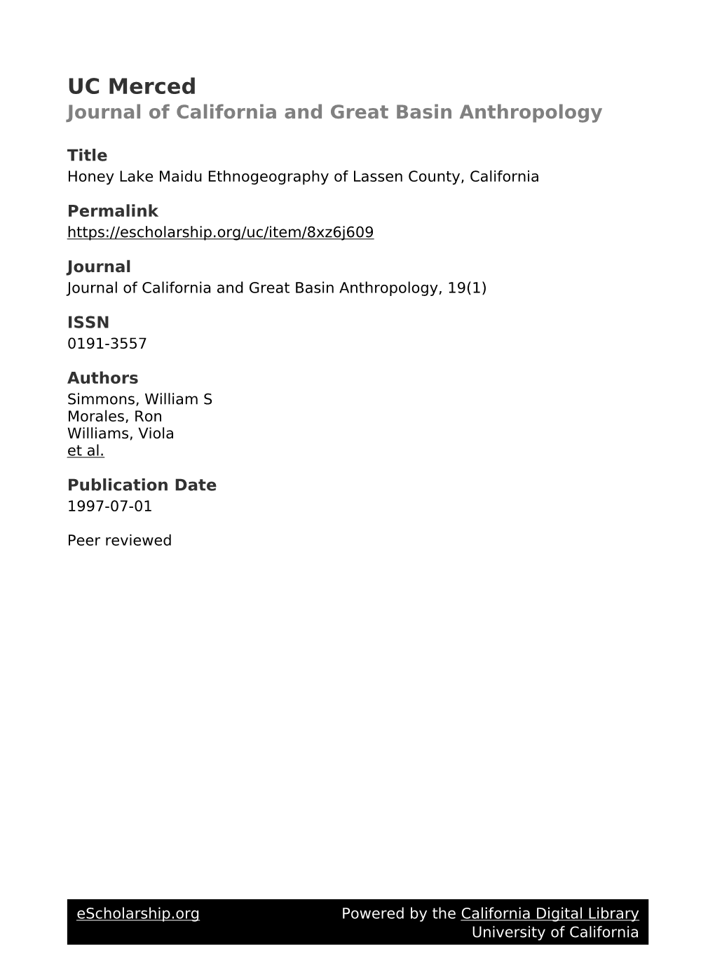 Honey Lake Maidu Ethnogeography of Lassen County, California