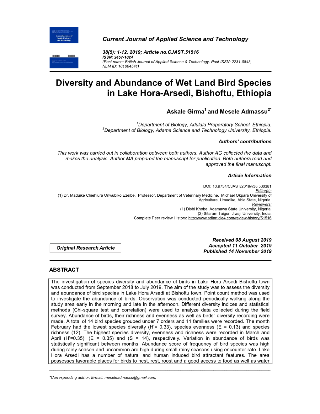 Diversity and Abundance of Wet Land Bird Species in Lake Hora-Arsedi, Bishoftu, Ethiopia