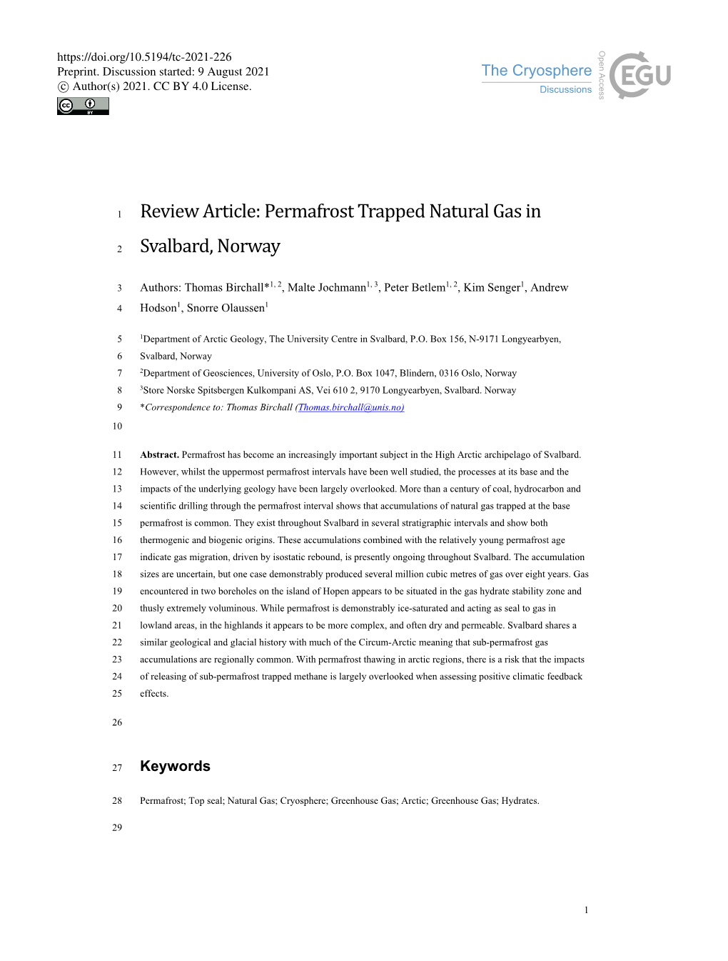 Review Article: Permafrost Trapped Natural Gas in Svalbard, Norway