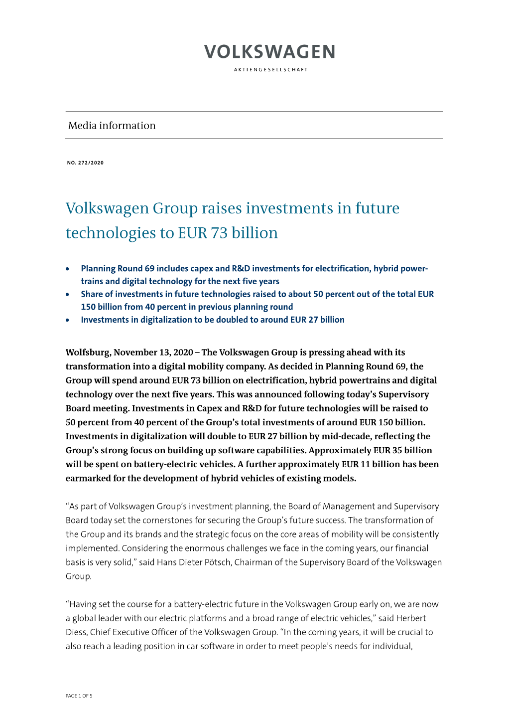 Volkswagen Group Raises Investments in Future Technologies to EUR 73 Billion