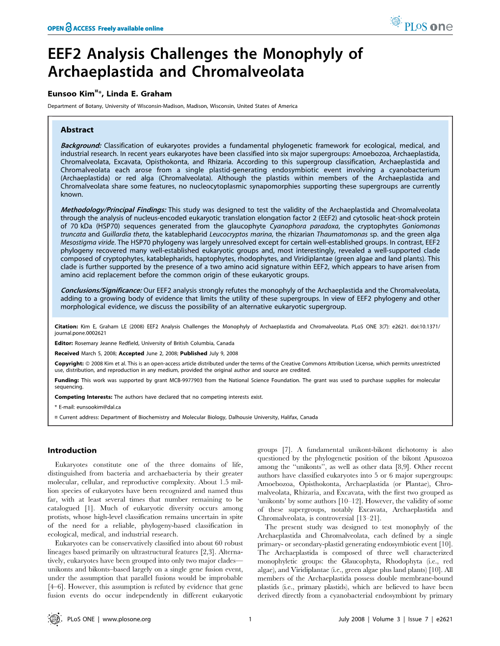 EEF2 Analysis Challenges the Monophyly of Archaeplastida and Chromalveolata