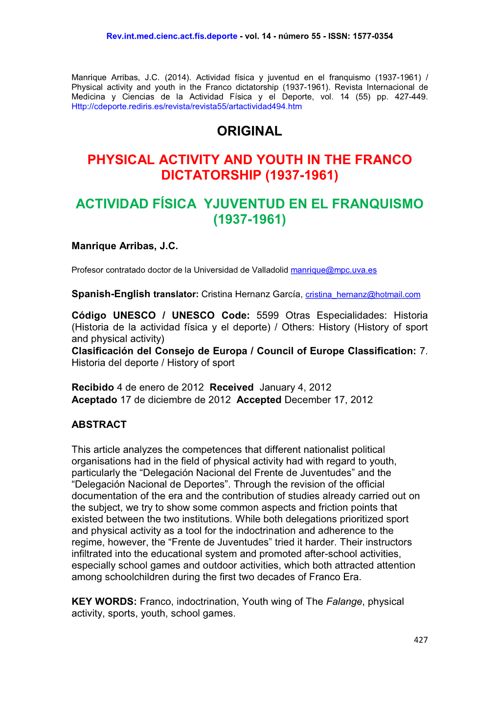 Physical Activity and Youth in the Franco Dictatorship (1937-1961)