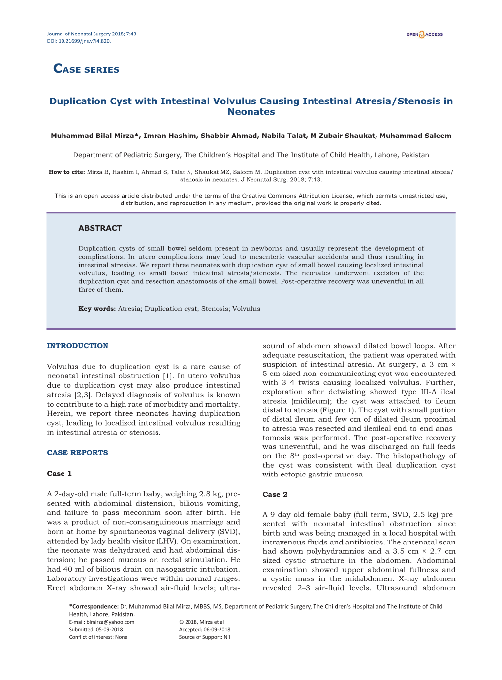 Duplication Cyst with Intestinal Volvulus Causing Intestinal Atresia/Stenosis in Neonates