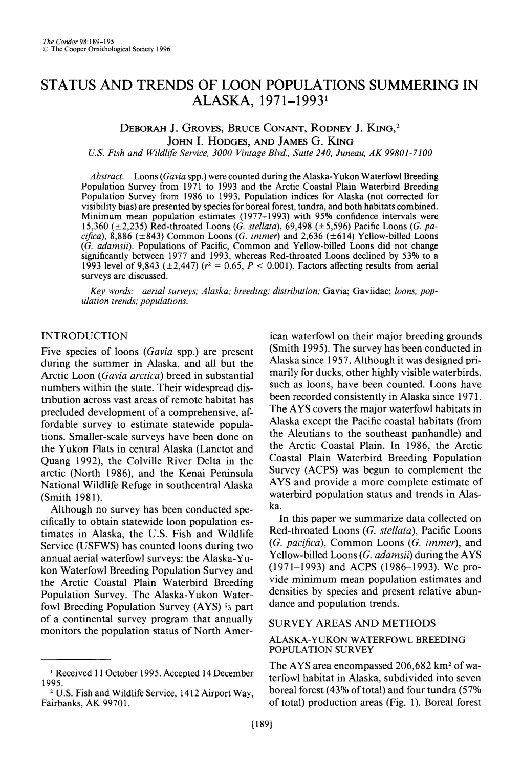 STATUS and TRENDS of LOON POPULATIONS SUMMERING in ALASKA, 1971-1993L