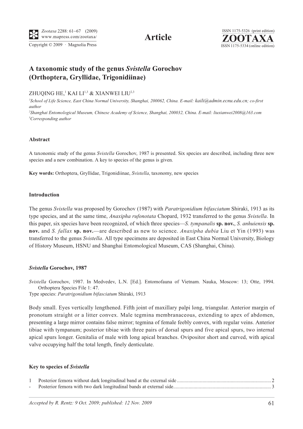 Zootaxa, a Taxonomic Study of the Genus Svistella Gorochov