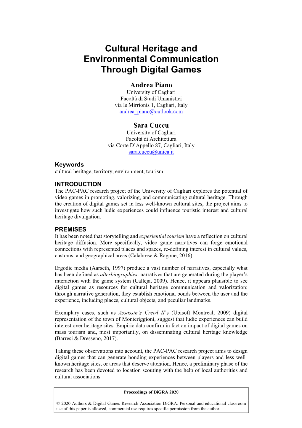 Cultural Heritage and Environmental Communication Through Digital Games