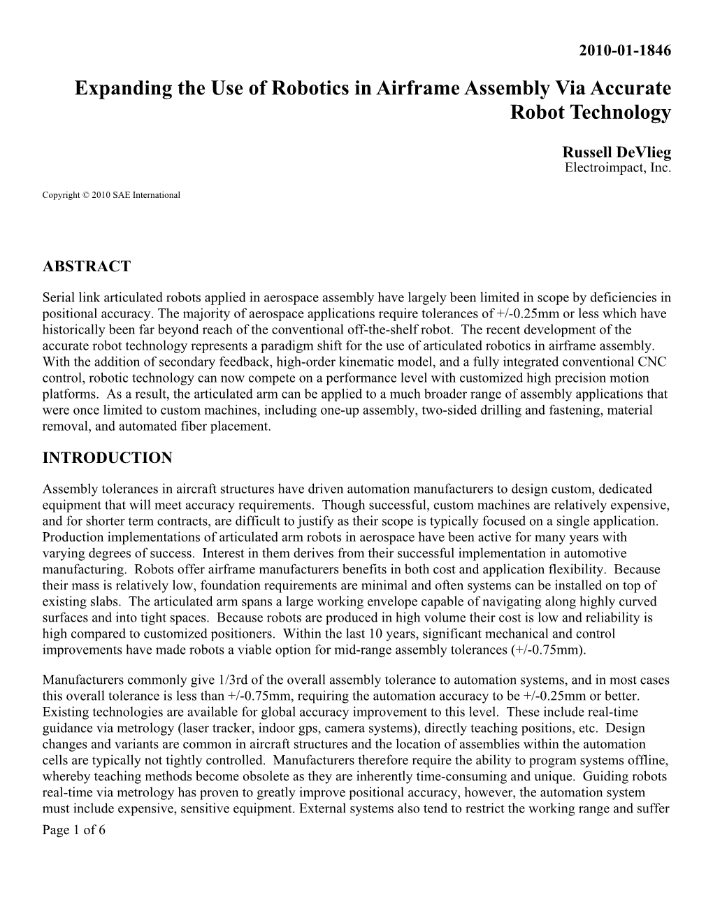 Expanding the Use of Robotics in Airframe Assembly Via Accurate Robot Technology