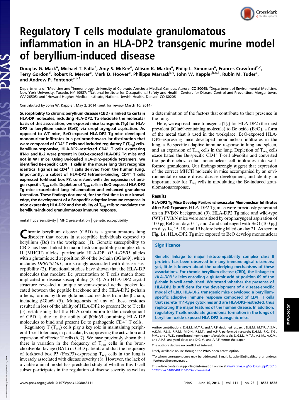 Regulatory T Cells Modulate Granulomatous Inflammation in an HLA-DP2 Transgenic Murine Model of Beryllium-Induced Disease