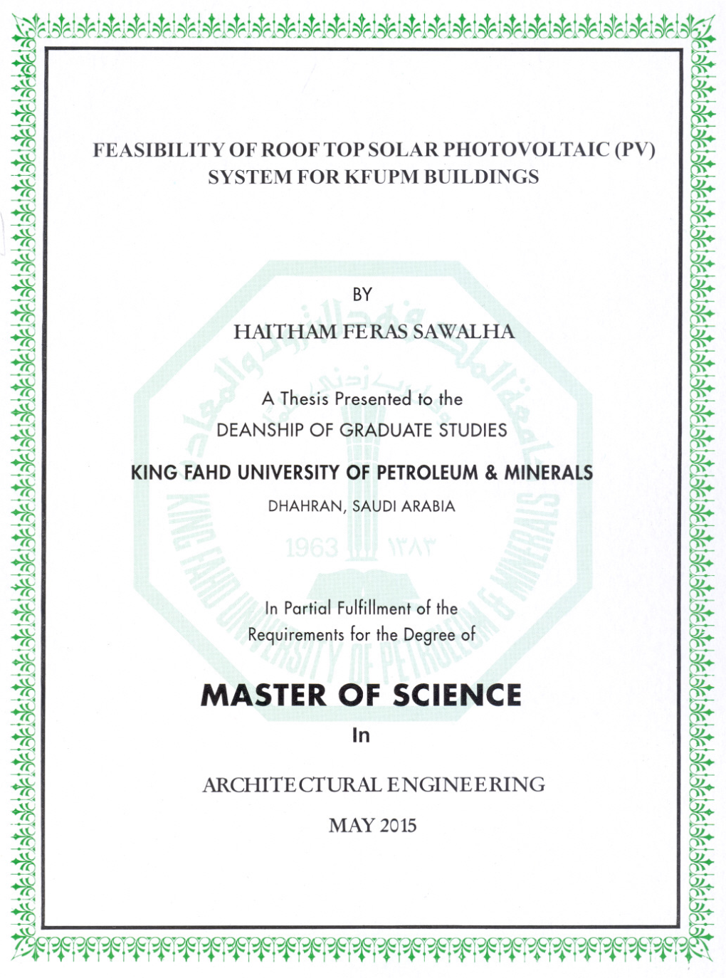 Feasibilityofrooftopsolar Photovoltaic (Pv) System for Kfupm Buildings