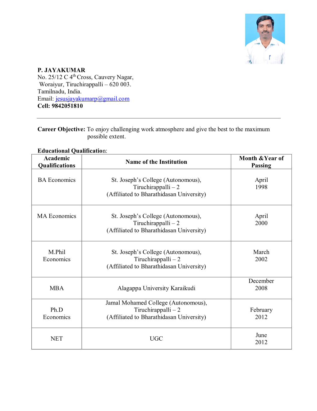 P. JAYAKUMAR No. 25/12 C 4Th Cross, Cauvery Nagar, Woraiyur, Tiruchirappalli – 620 003