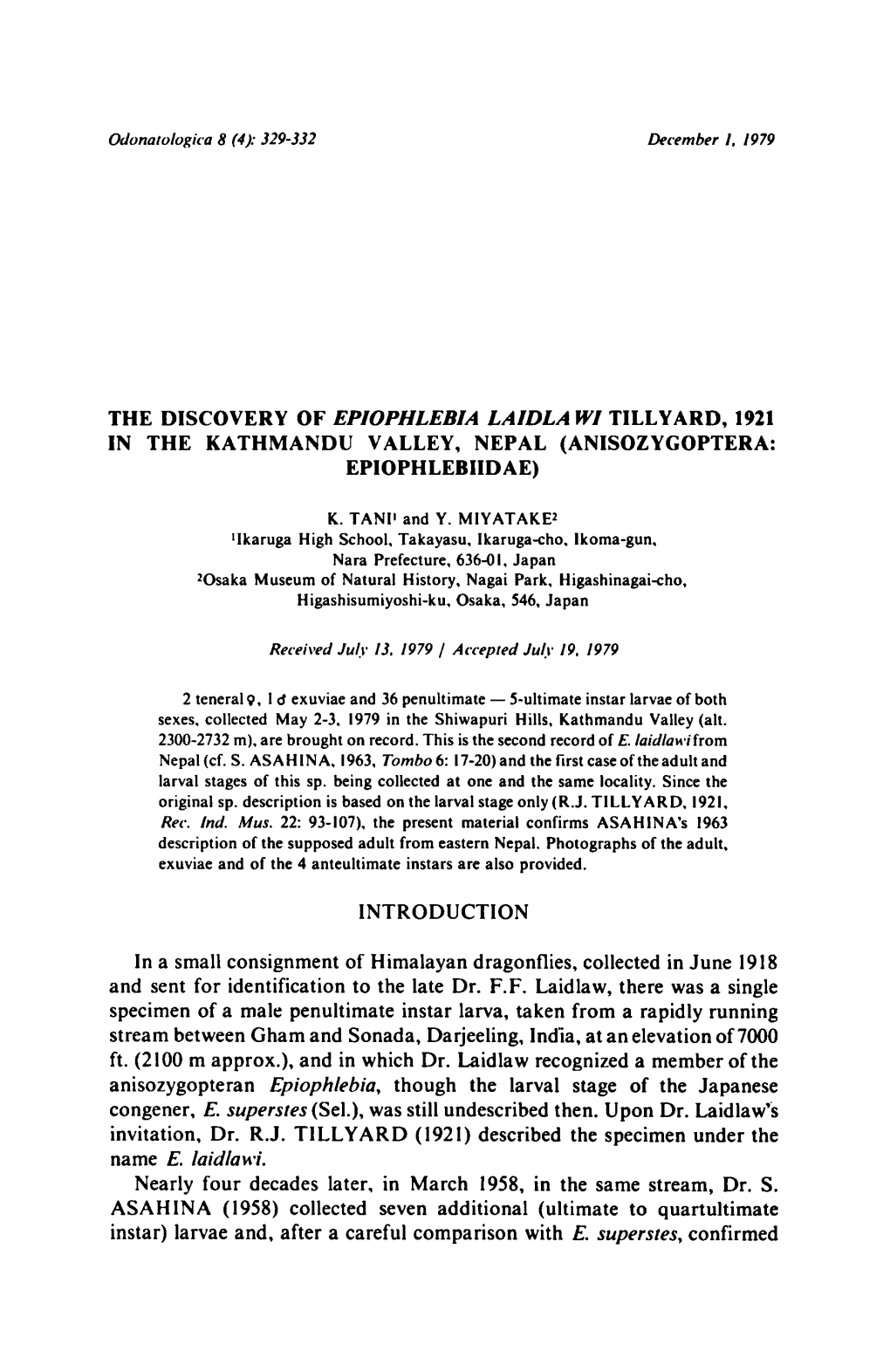 (Anisozygoptera: Epiophlebiidae) Consignment of Himalayan Dragonflies, a Single Specimen of a Male Penultimate Instar Larva, Ra