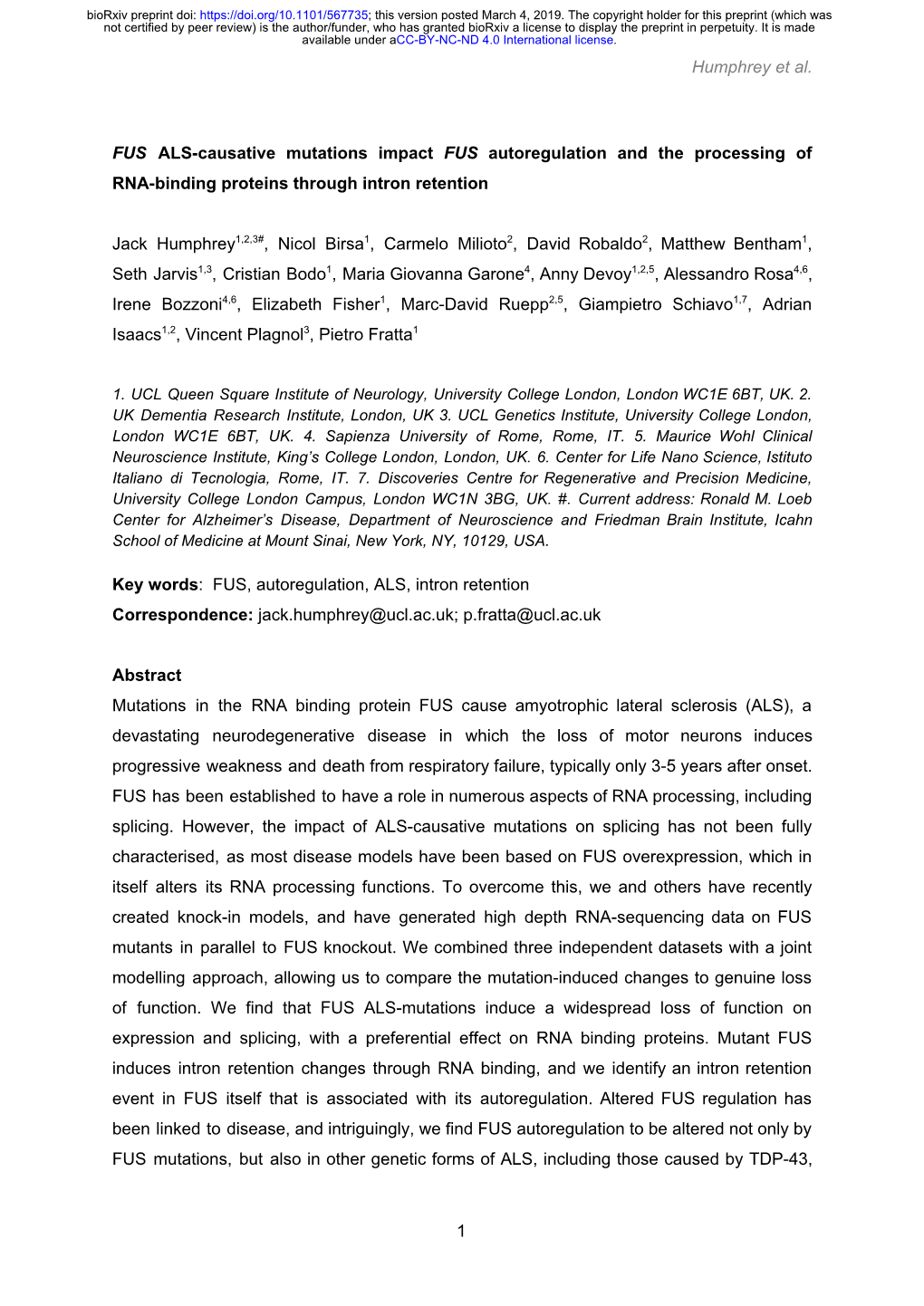 FUS ALS-Causative Mutations Impact FUS Autoregulation and the Processing of ​ RNA-Binding Proteins Through Intron Retention