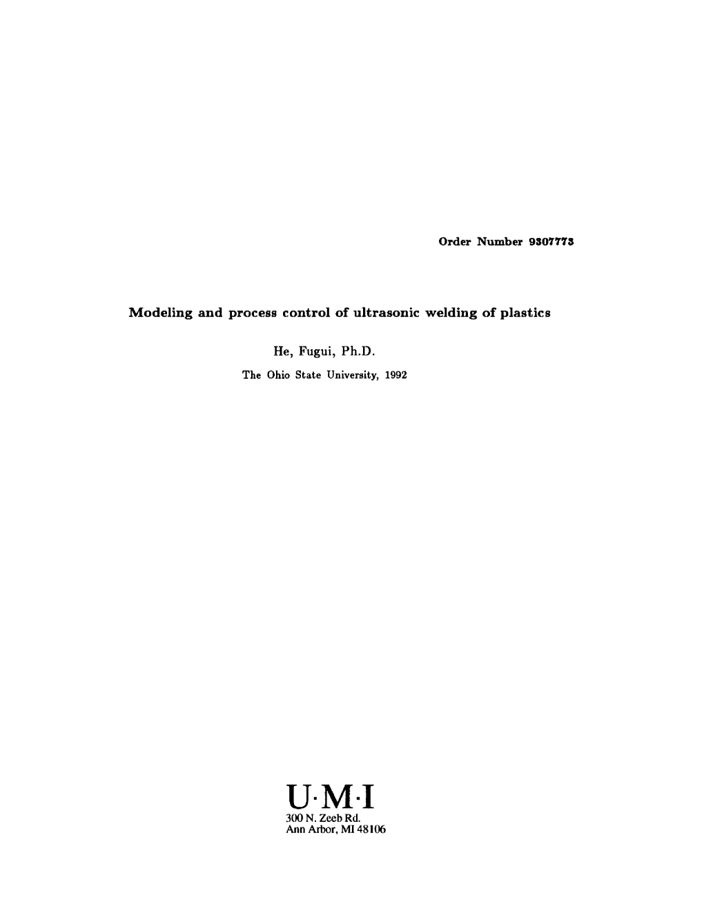 M Odeling and Process Control of Ultrasonic W Elding of Plastics