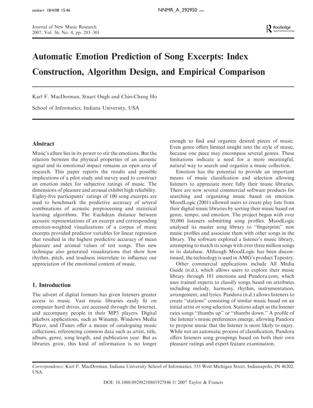 Automatic Emotion Prediction of Song Excerpts: Index Construction, Algorithm Design, and Empirical Comparison