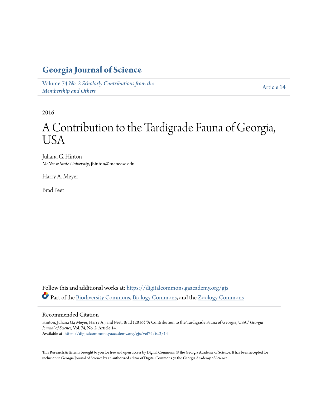 A Contribution to the Tardigrade Fauna of Georgia, USA Juliana G