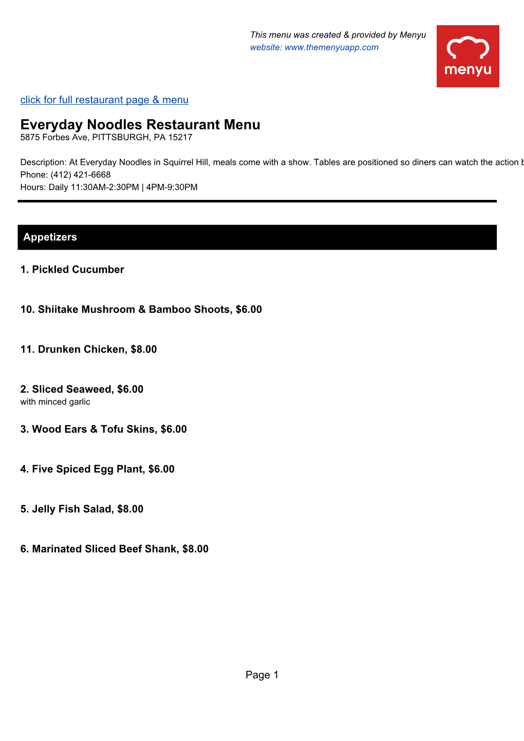 Everyday Noodles Restaurant Menu 5875 Forbes Ave, PITTSBURGH, PA 15217