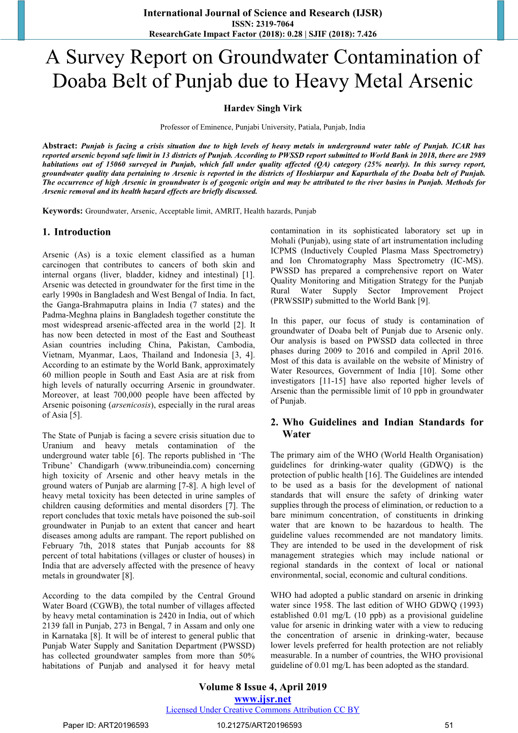 A Survey Report on Groundwater Contamination of Doaba Belt of Punjab Due to Heavy Metal Arsenic