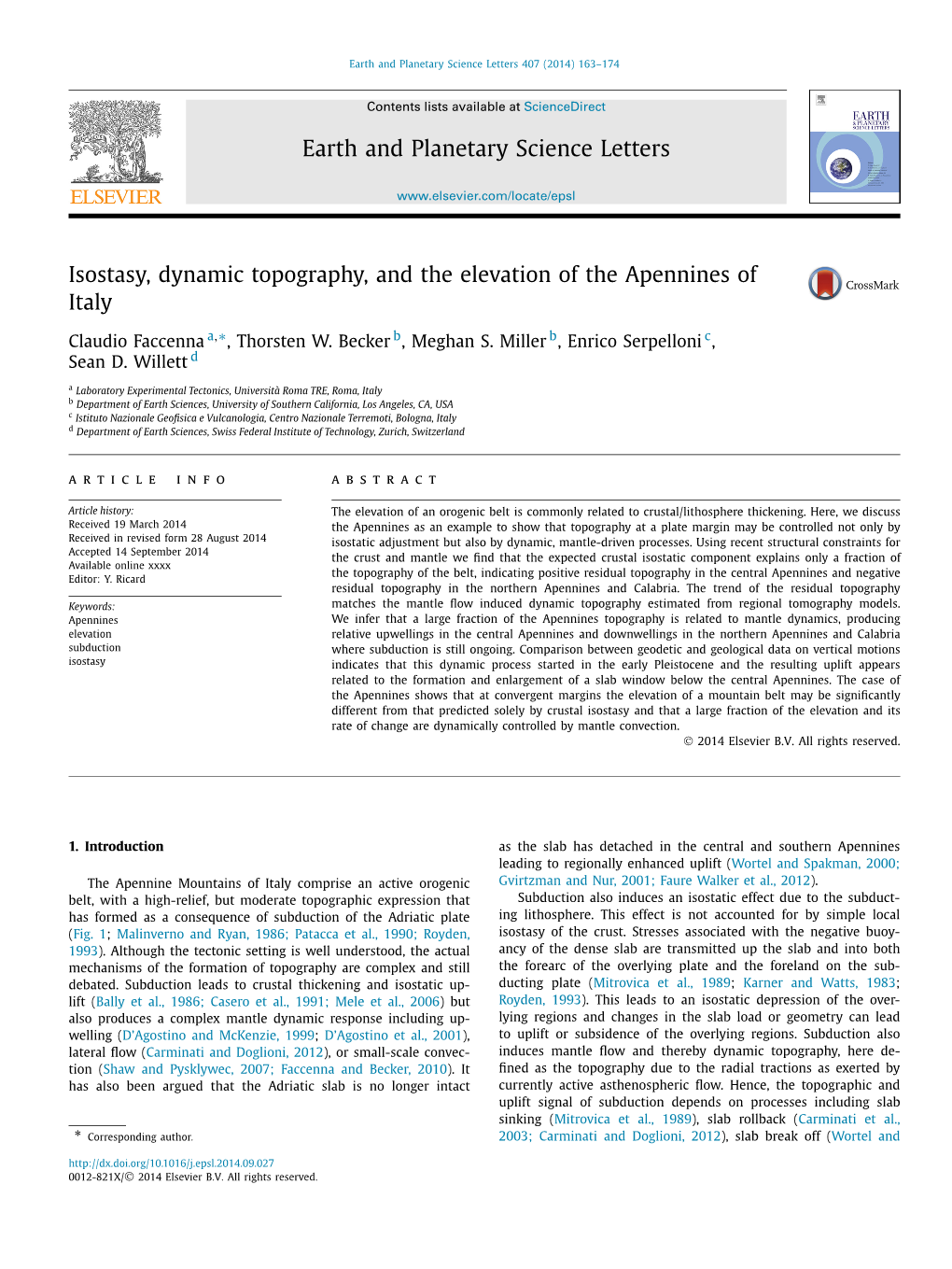 Isostasy, Dynamic Topography, and the Elevation of the Apennines of Italy ∗ Claudio Faccenna A, , Thorsten W