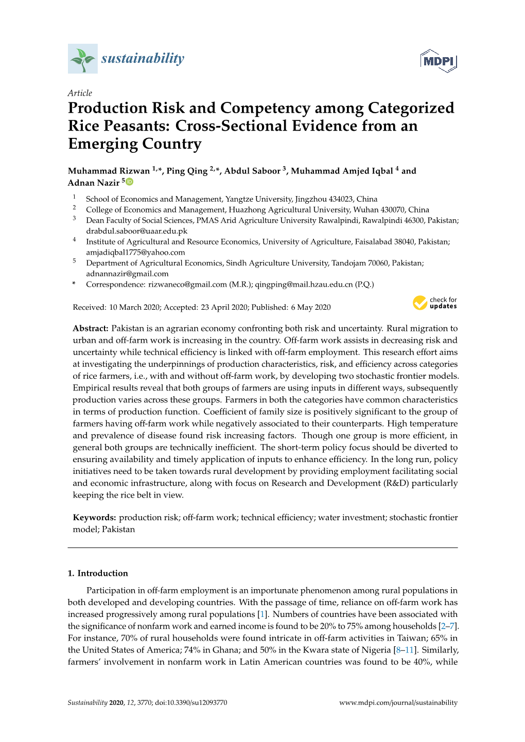 Production Risk and Competency Among Categorized Rice Peasants: Cross-Sectional Evidence from an Emerging Country