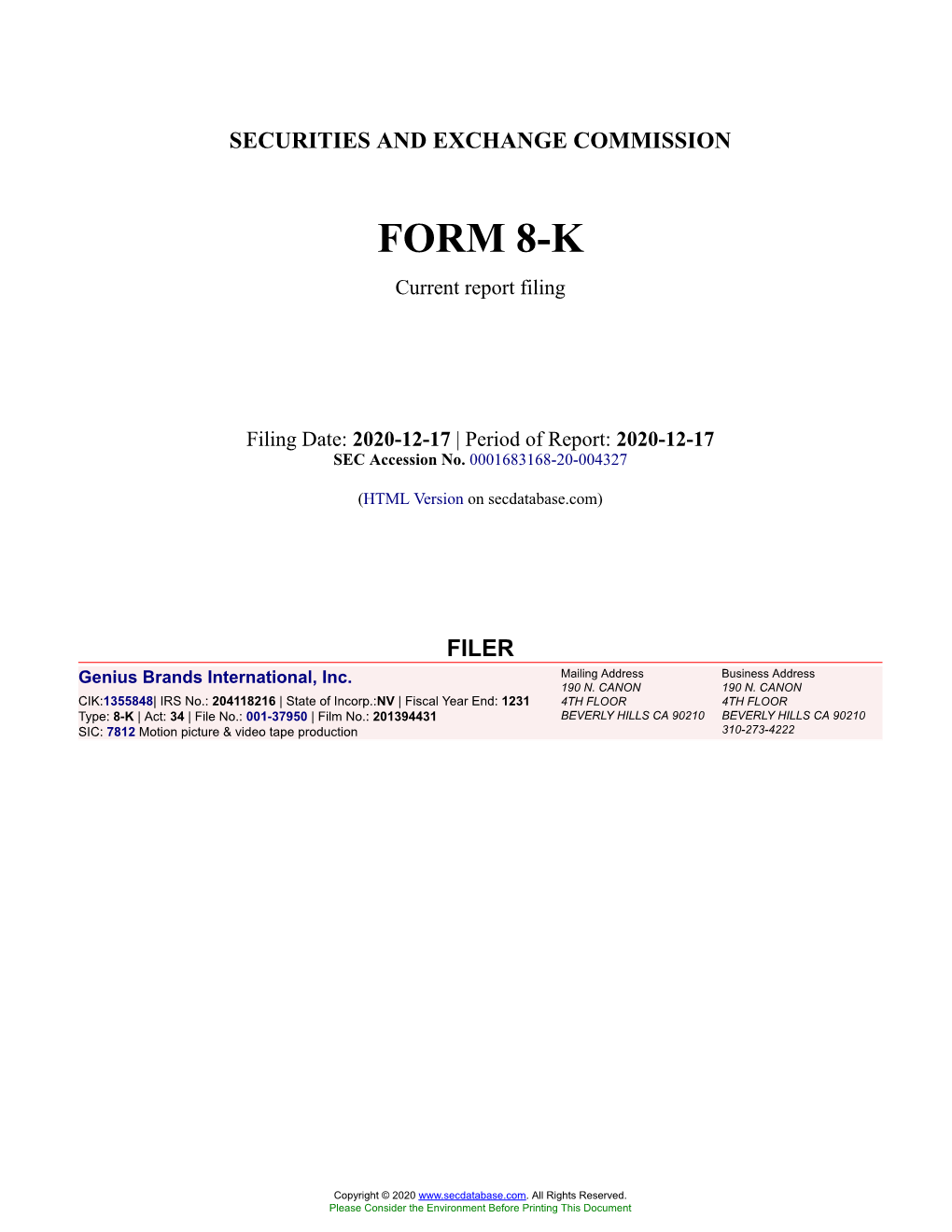 Genius Brands International, Inc. Form 8-K Current Event Report Filed