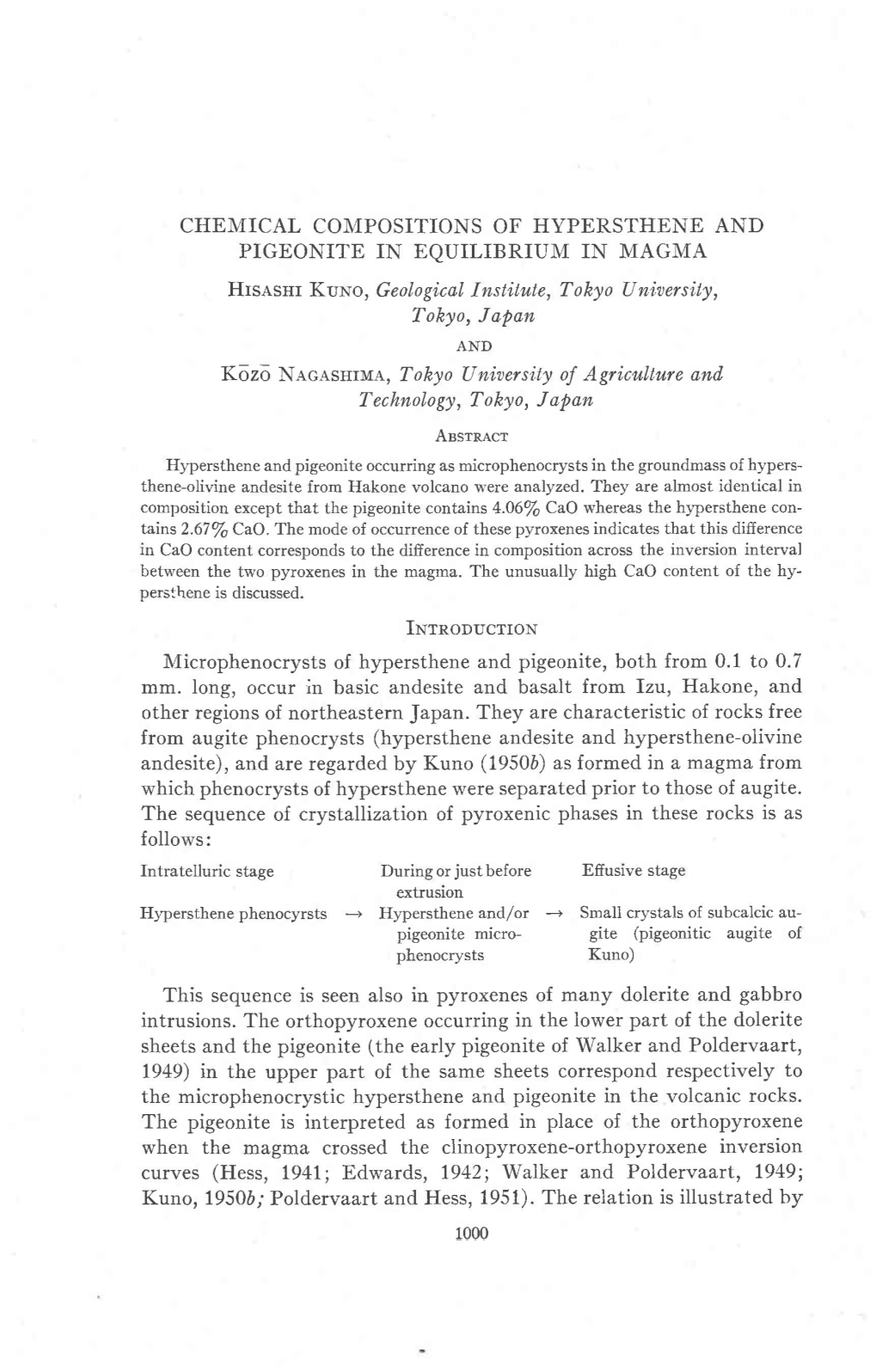 Chemical Compositions of Hypersthene and Pigeonite