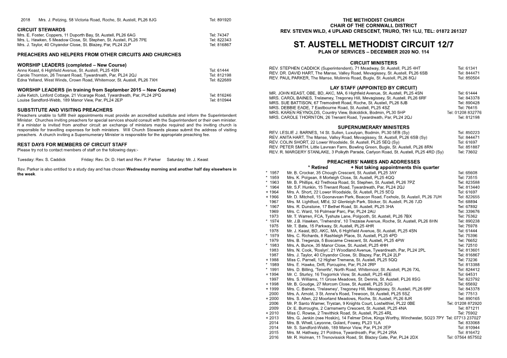 St. Austell Methodist Circuit 12/7 Plan of Services – December 2020 No