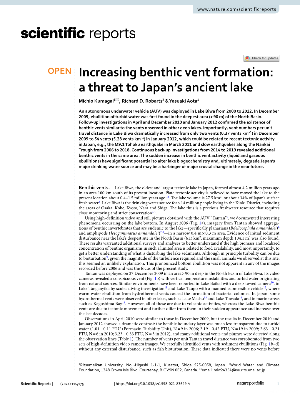 Increasing Benthic Vent Formation: a Threat to Japan’S Ancient Lake Michio Kumagai1*, Richard D