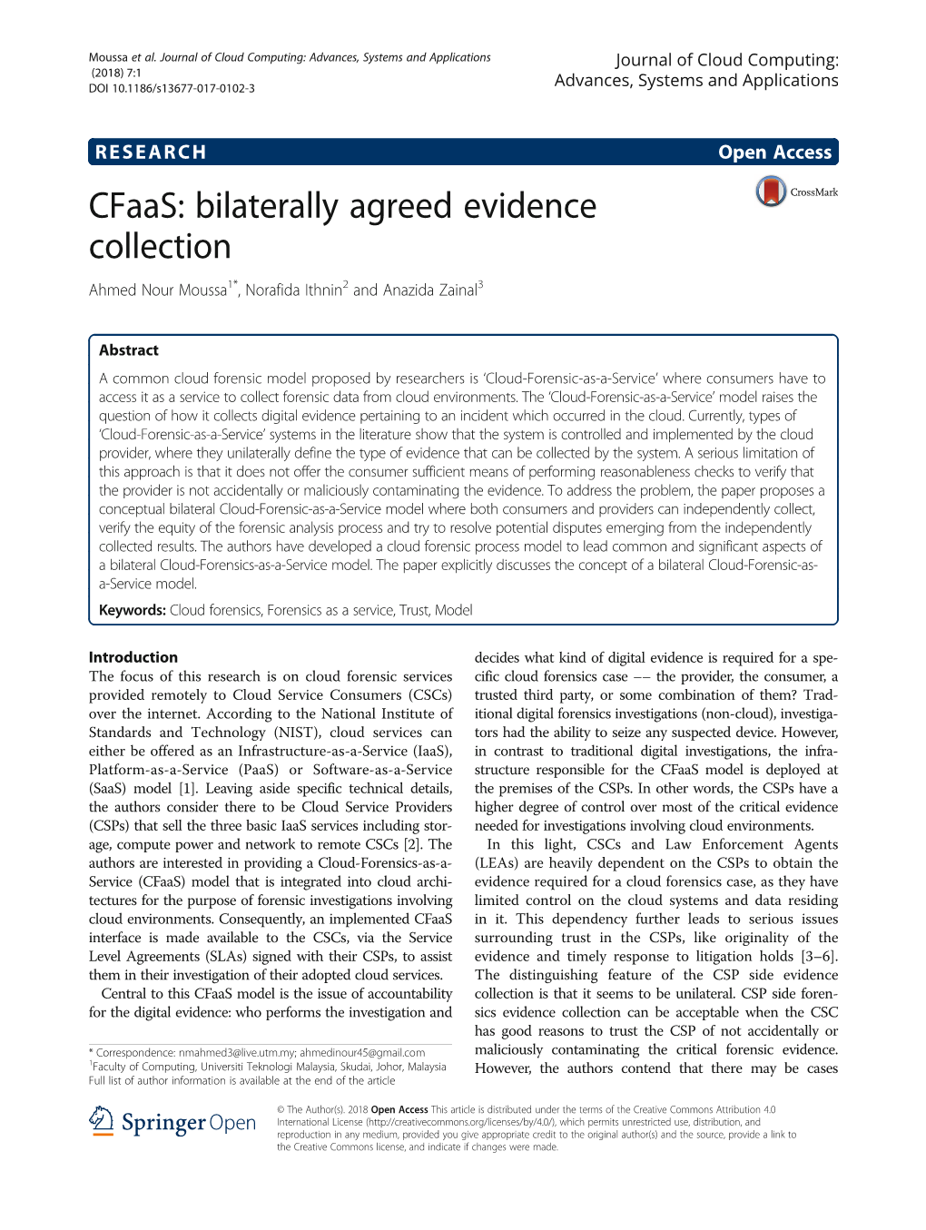 Cfaas: Bilaterally Agreed Evidence Collection Ahmed Nour Moussa1*, Norafida Ithnin2 and Anazida Zainal3