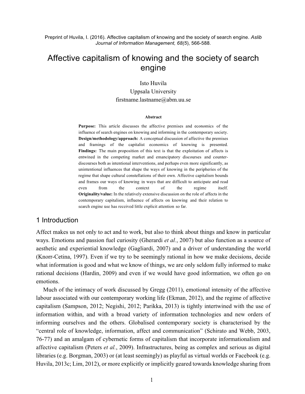 Affective Capitalism of Knowing and the Society of Search Engine