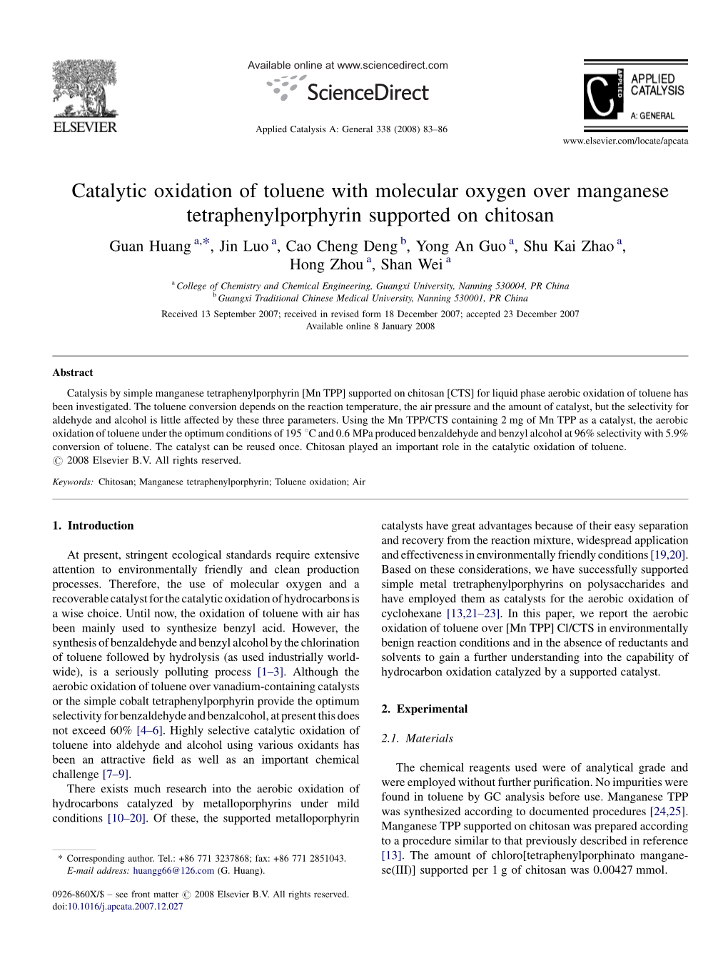 Catalytic Oxidation of Toluene with Molecular Oxygen Over Manganese Tetraphenylporphyrin Supported on Chitosan