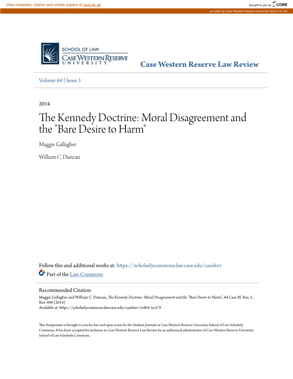 The Kennedy Doctrine: Moral Disagreement and the 