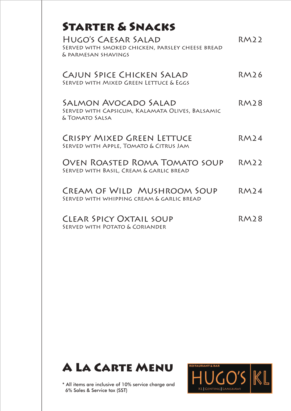 A La Carte Menu Starter & Snacks