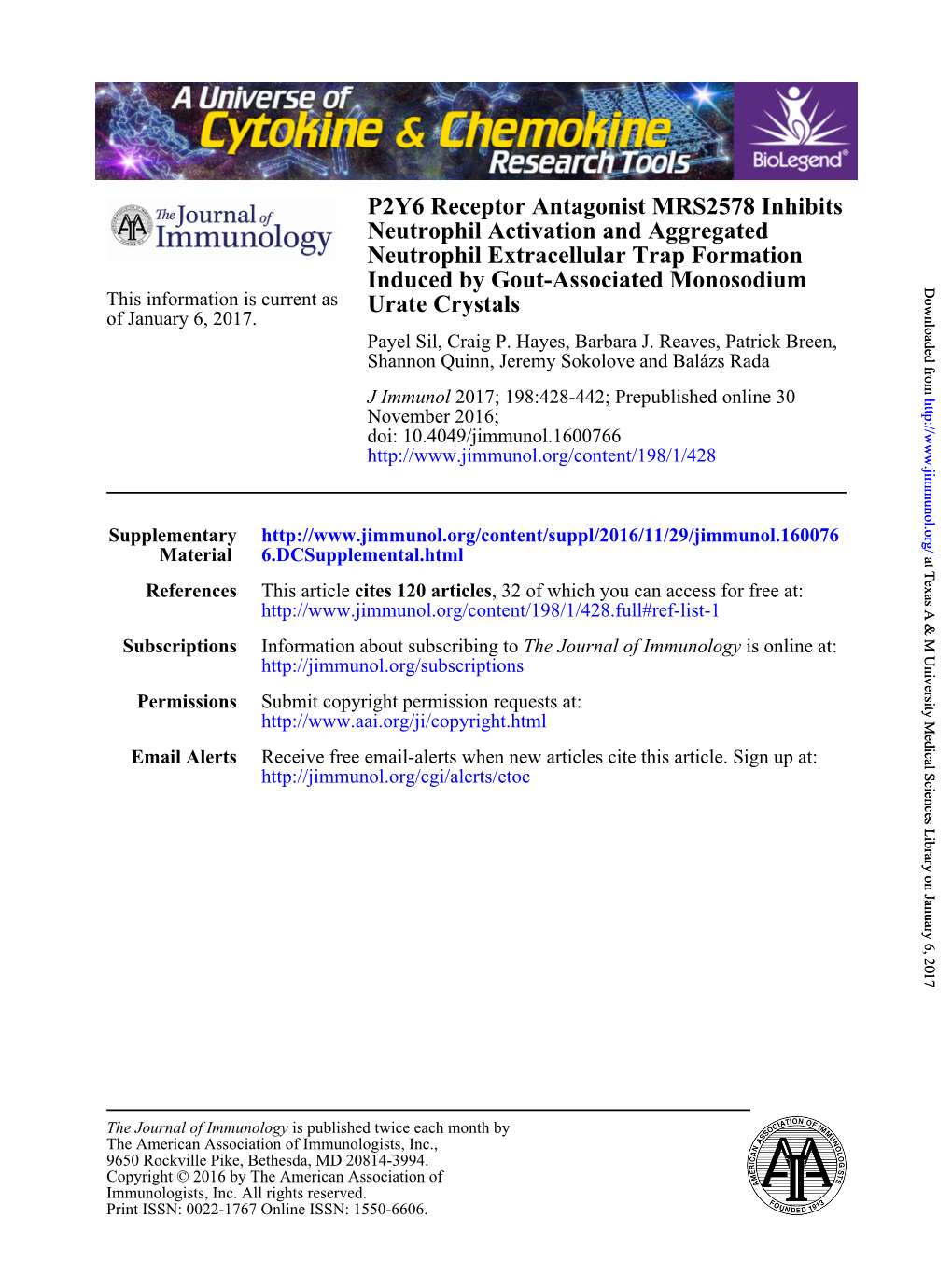 P2Y6 Receptor Antagonist MRS2578 Inhibits Neutrophil Activation and Aggregated Neutrophil Extracellular Trap Formation