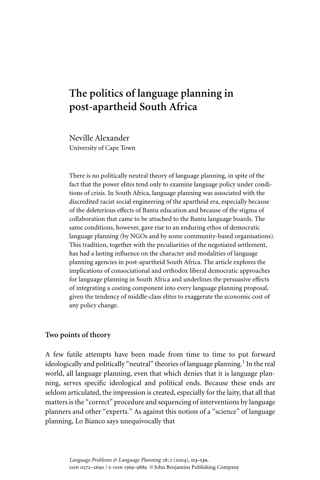 The Politics of Language Planning in Post-Apartheid South Africa