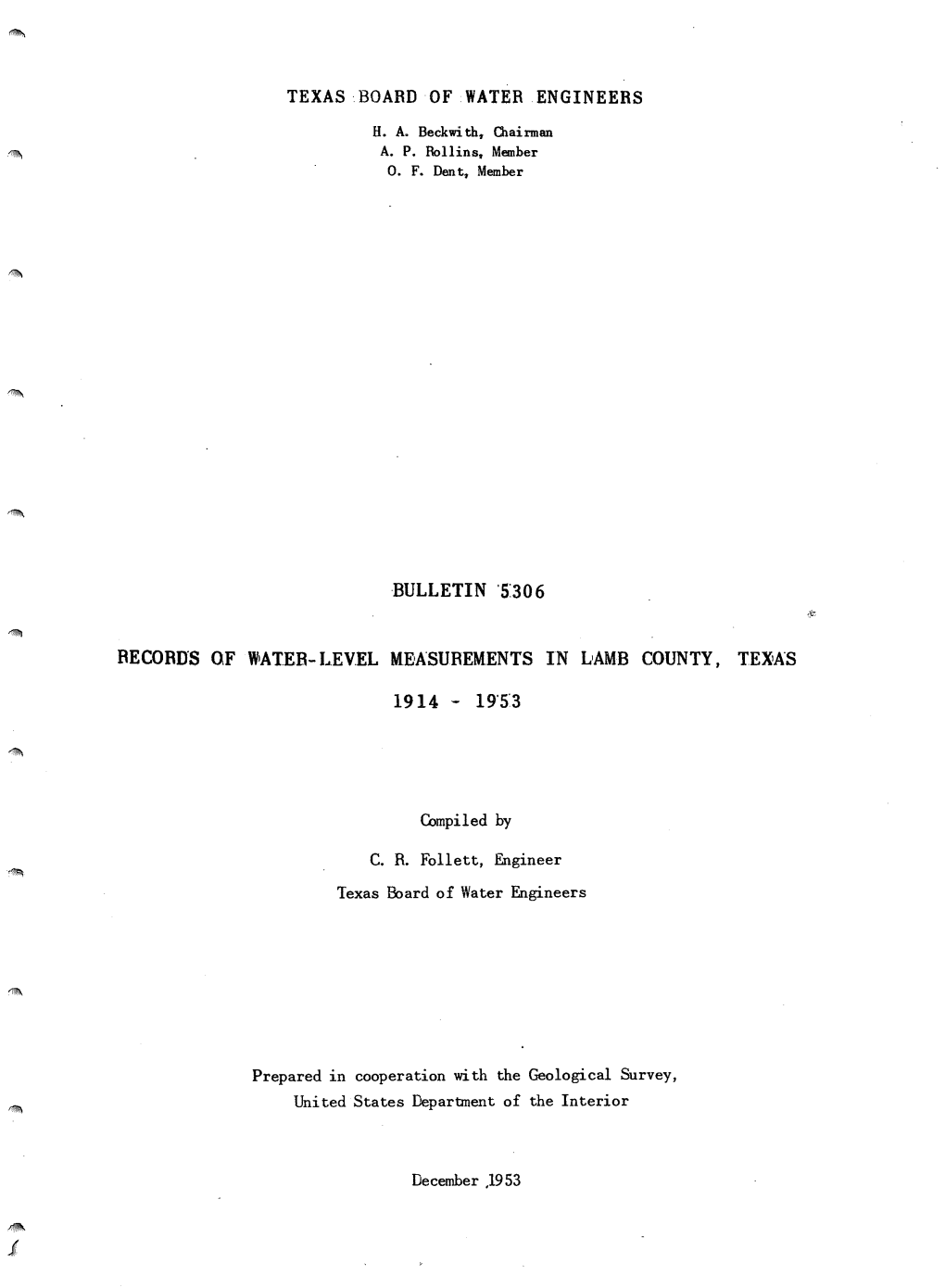 Records of Water-Level Measurements in Lamb County, Texas, 1914-1953