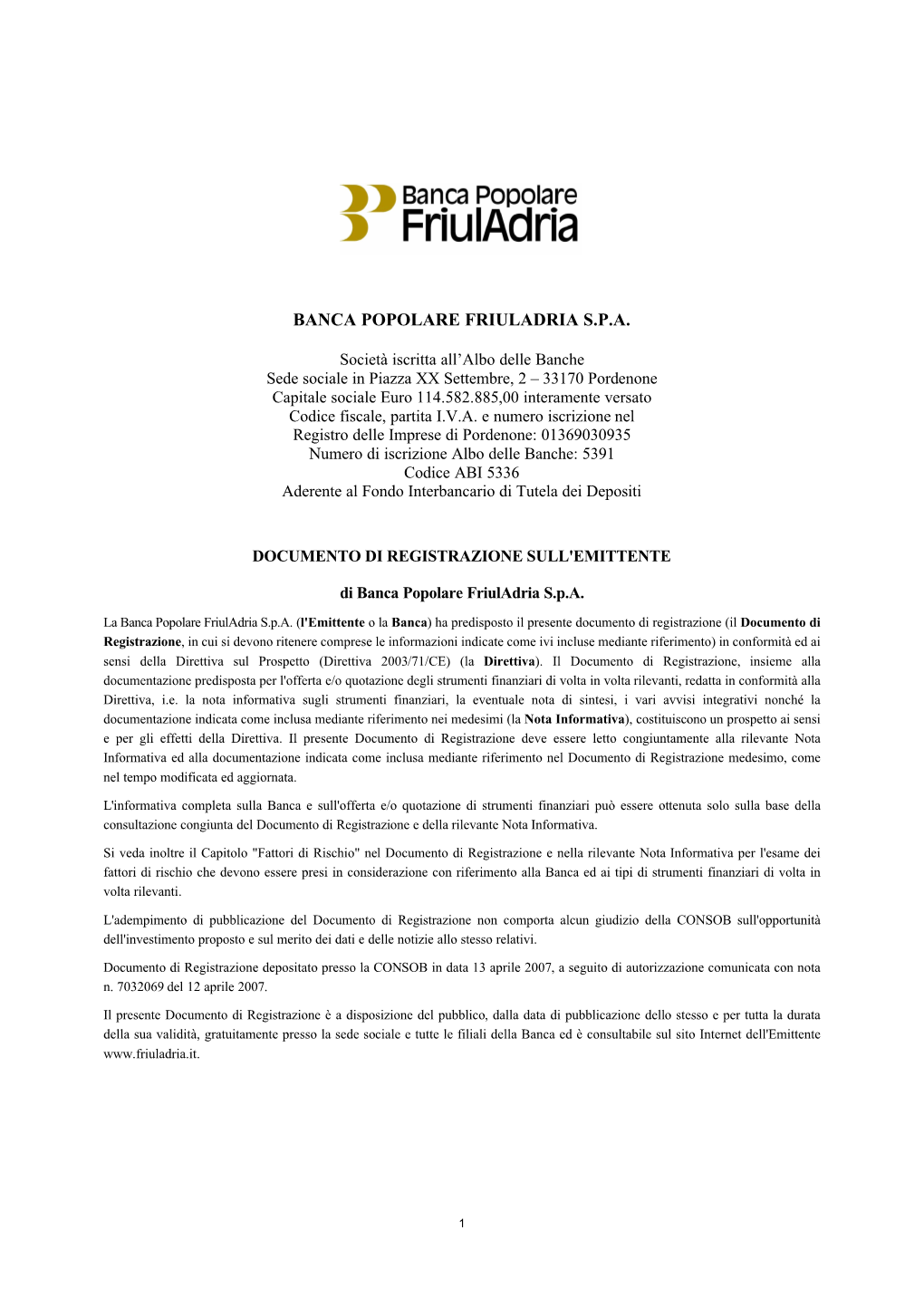 Banca Popolare Friuladria S.P.A