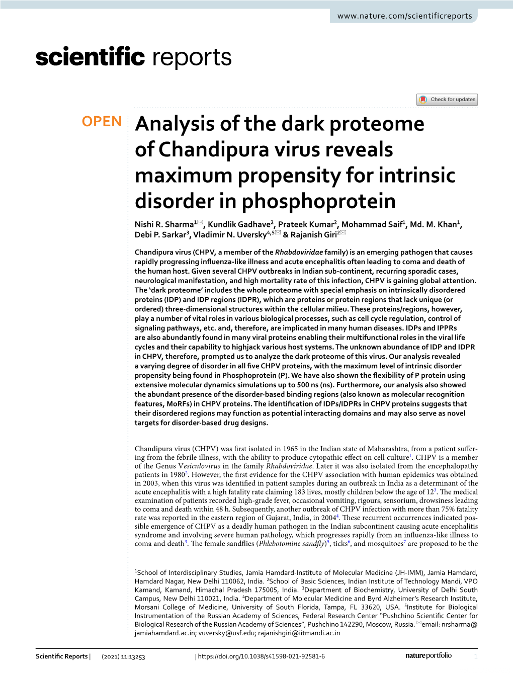 Analysis of the Dark Proteome of Chandipura Virus Reveals Maximum Propensity for Intrinsic Disorder in Phosphoprotein Nishi R